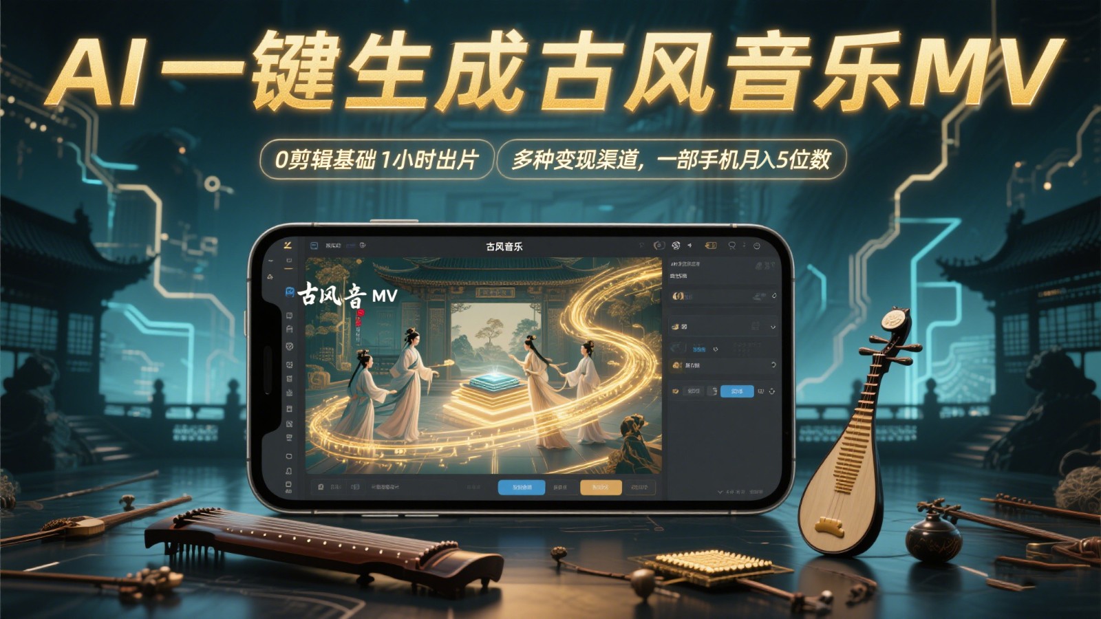 AI一键生成古风音乐MV，0剪辑基础1小时出片，多种变现渠道，一部手机月入5位数-暮鸦资源网