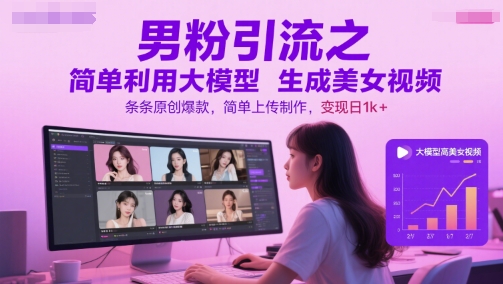 男粉引流之简单利用大模型生成美女视频，条条原创爆款，简单上传制作，变现日1k+-暮鸦资源网